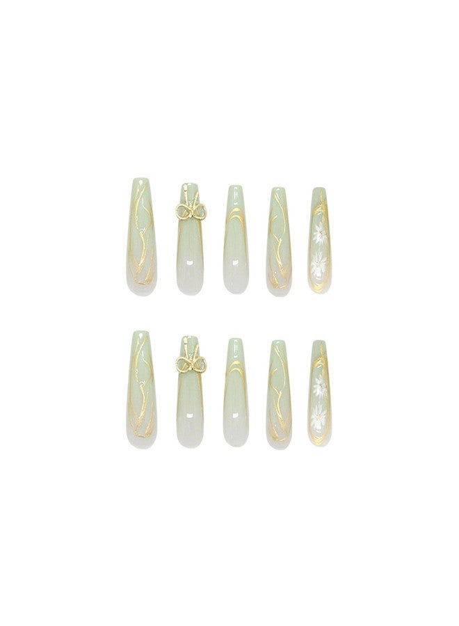 SINHOT Coffin Press on Nails Long - Halcyon Green Fake Nails Glossy Glue on Nails Gold Line Bowknot Acrylic Nail White Flower Ballerina Artificial Nail Stick on False Nail with Design 24pcs - Image 2